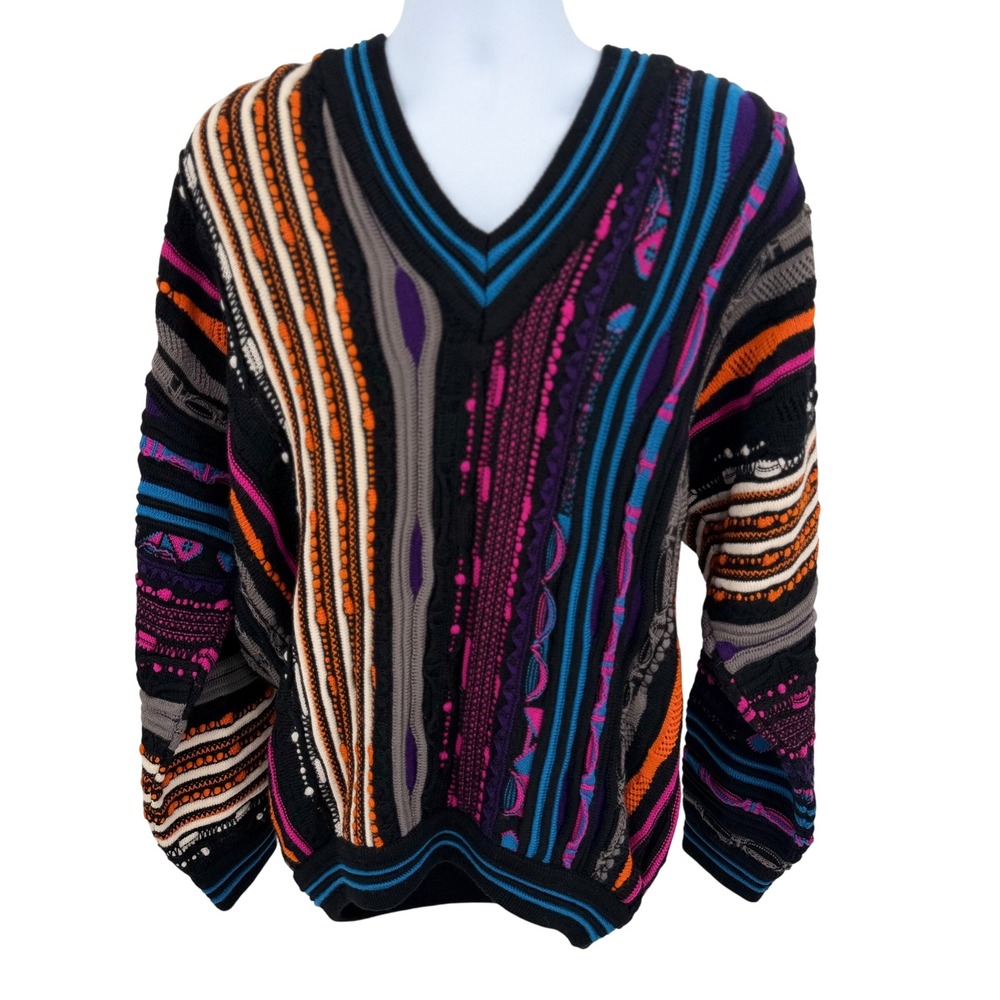 Coogi Mens L Sweater Multicolor Australia Vintage 3D Knit Pure Wool V-Neck